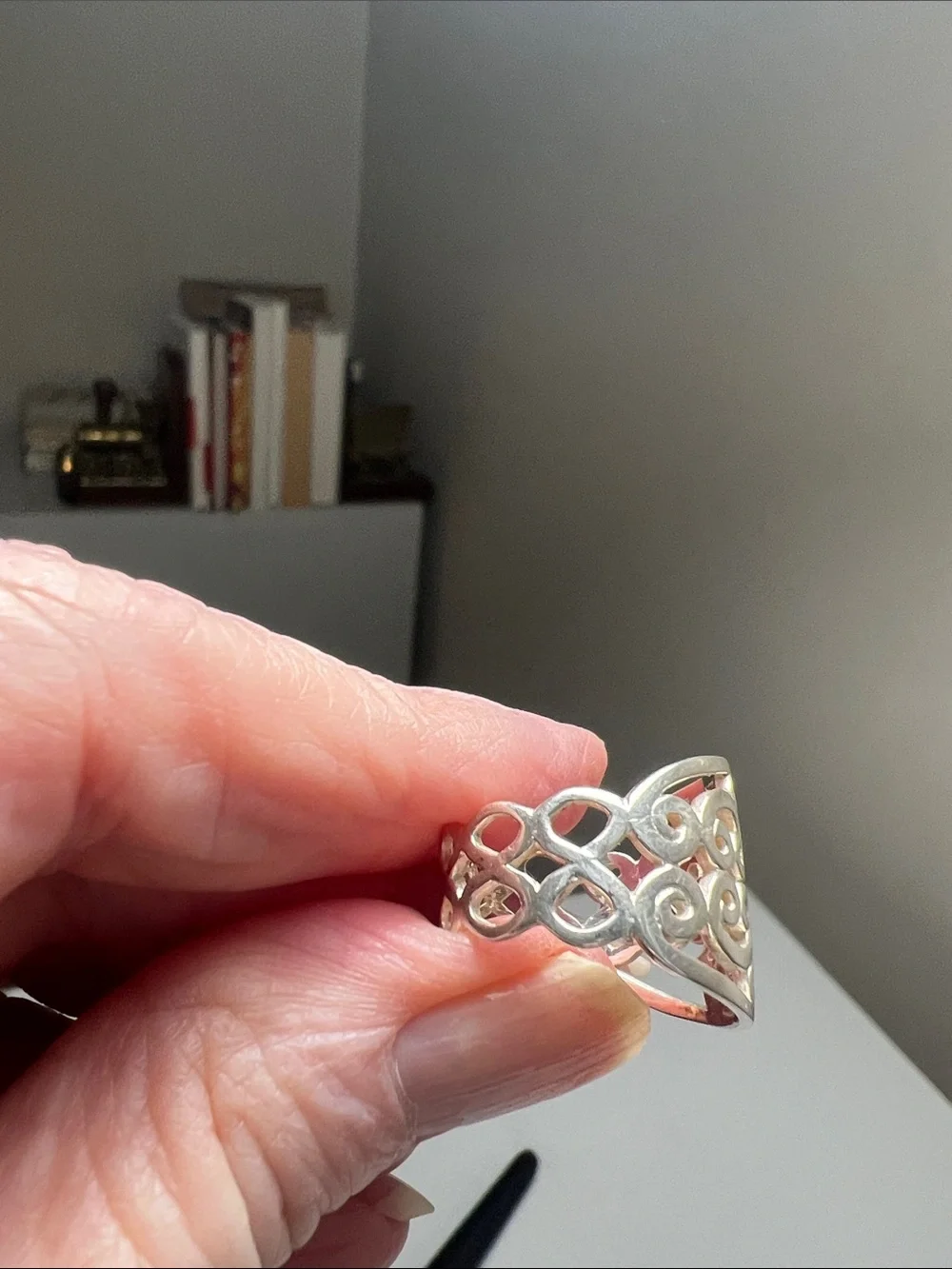 Sparkly Silver Tone Openwork Scroll Wide Band Ring - Vintage